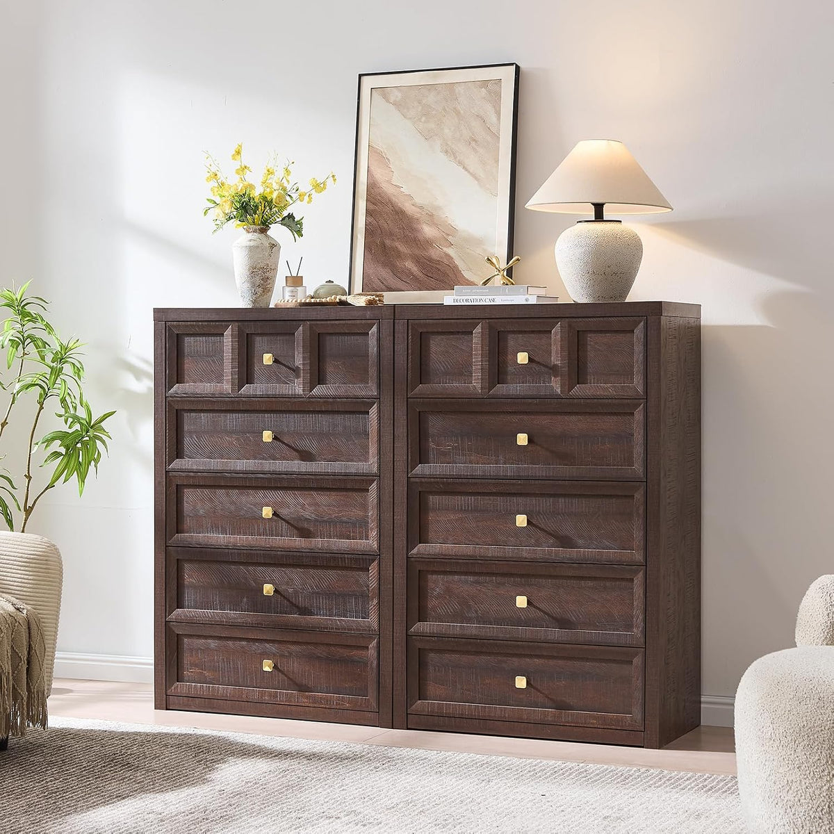 5 Drawers Dresser for Bedroom, 45.7" Tall Large Dresser & Chests of Drawers with Metal Handle, Clothes Storage Organizer w/Natural Texture for Bedroom, Brown