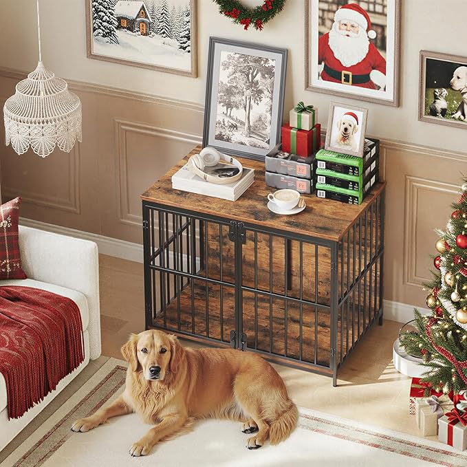 HOOBRO 38.6" Dog Crate Furniture, Wooden Dog Kennel Indoor, Heavy Duty Dog Cage for Small/Medium Dog, Decorative Side End Table, Rustic Brown and Black BF100GW03