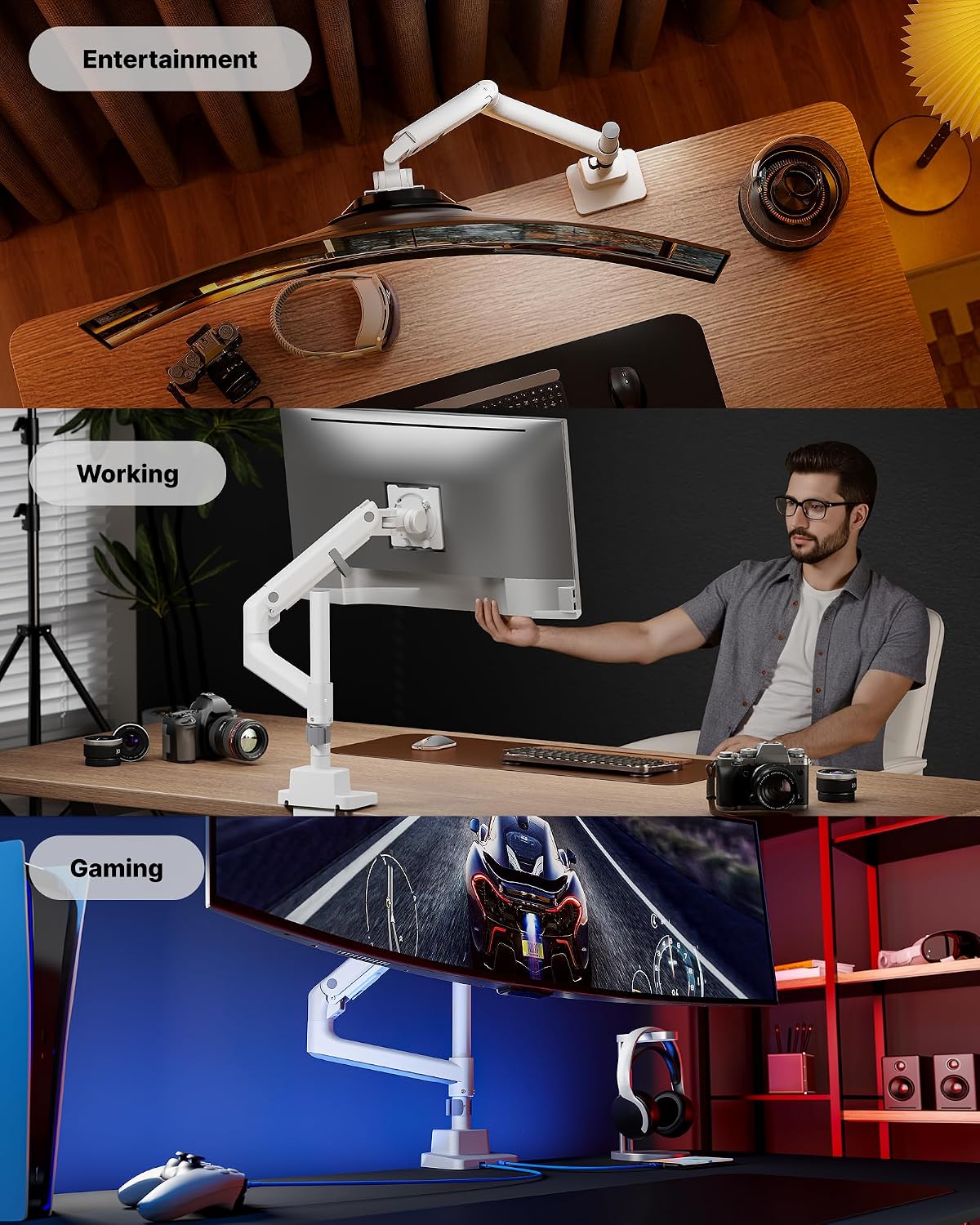 monTEK Ultrawide Monitor Arm Max 57",Height Adjustable 25.5",with USB,White