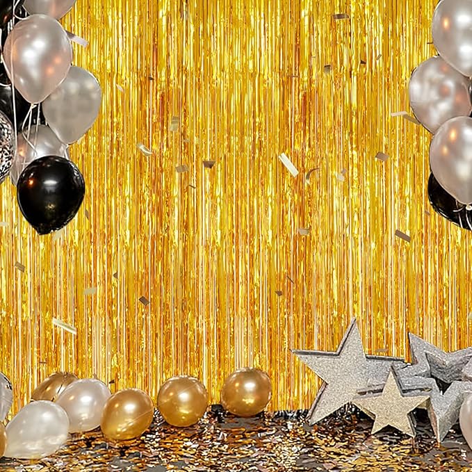 3 Pack Foil Fringe Backdrop - Gold Shiny Tinsel Curtains for Party Decoration/Photo Booth Props - 3.3x8.2 FT Metallic Foil Backdrop for Birthday, Wedding, Graduation, Christmas.