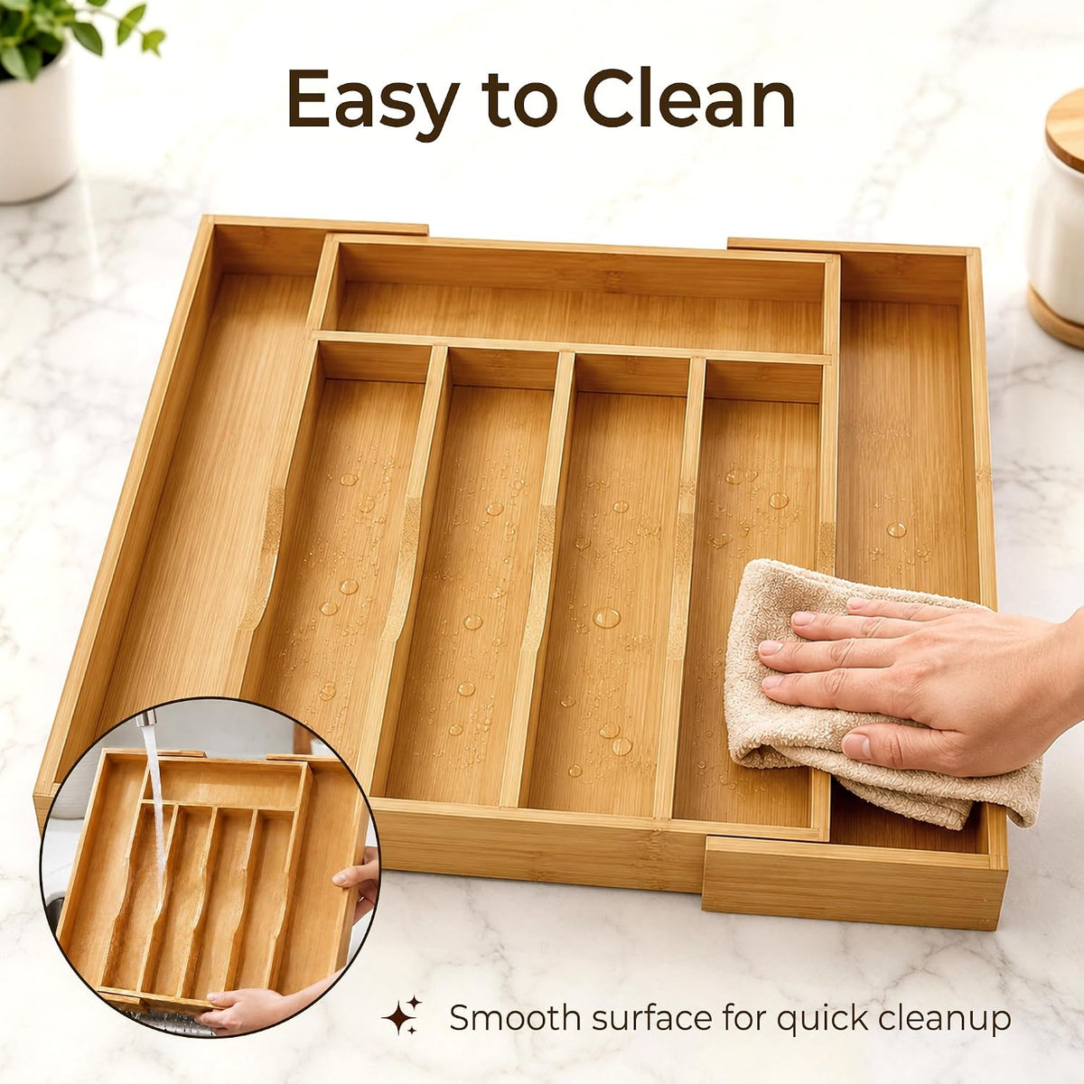2-Piece Bamboo Silverware Organizer, Expandable Kitchen Drawer Organizer for Cutlery and Utensils, Multifunction Adjustable Bamboo Wood Cutlery Tray in Drawer for Flatware, (Natural)