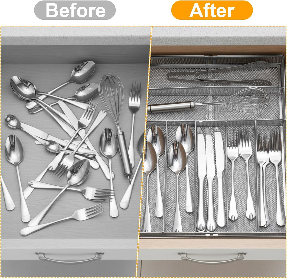 2 Pcs Utensil Drawer Silverware Organizer, Metal Mesh, Silver