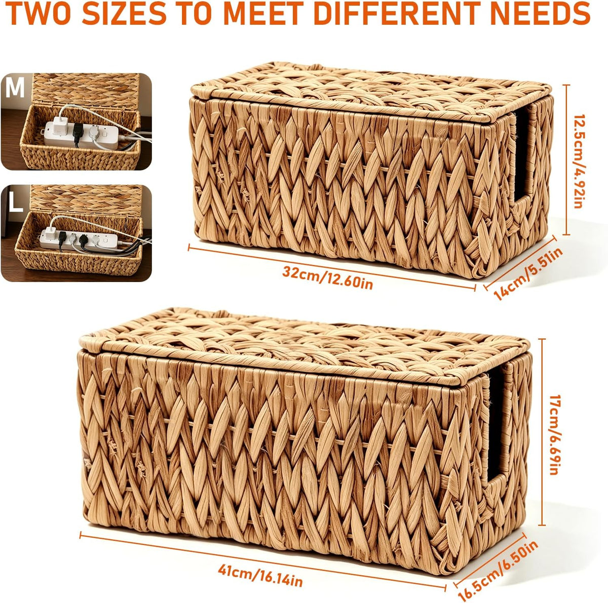 Cable Management Box Set of 2, Cord Organizer for Power Strip | Handwoven Water Hyacinth Storage Basket with Reinforced Metal Frame, Decorative Home Organizer for Desk & Office