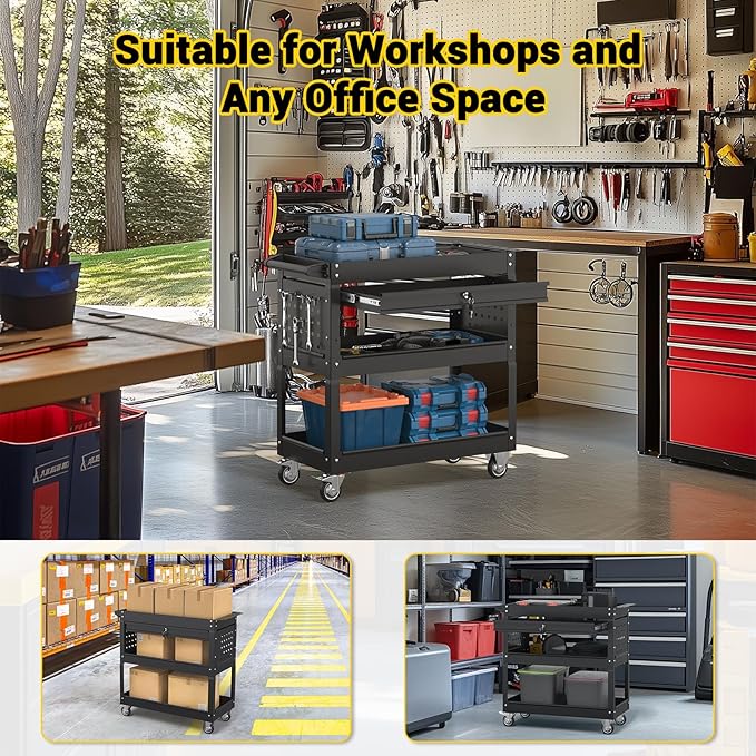 3 Tier Rolling Tool Cart on Wheels, 550 LBS Tool Cart with Drawers,Heavy Duty Utility Cart with Pegboard and Hooks,Mechanic Tool Storage Cart for Garage, Warehouse (Black)