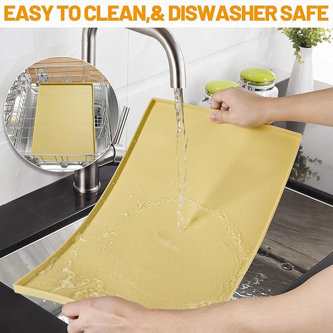 Hubulk Dog Feeding Mat,100% Waterproof Food Grade Silicone Pet Food and Water Bowl Placemat,Dishwasher, High Raised Edge to Prevent Spills,Nonslip Tray to Stop Messes on Floor(28"x18"x0.8", Yellow)