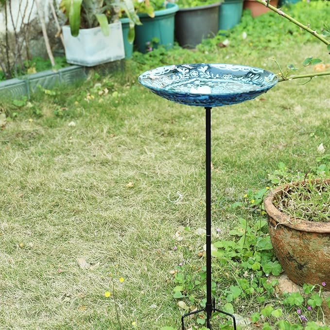 MUMTOP Bird Baths for Outdoors, Glass Birdbath Birdfeeder Bowl with Metal Stake for Outside Garden Yard Lawn Flower Style Decor