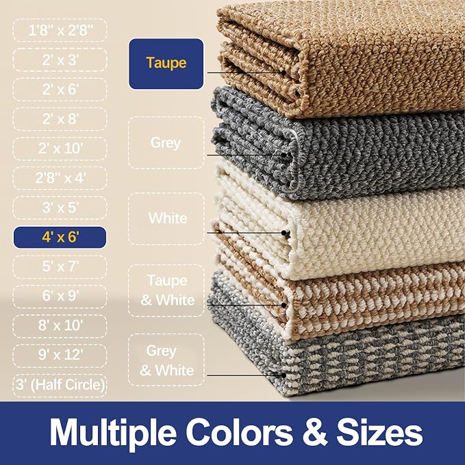 Faux Jute Area Rug 4'x6', Washable & Non-Slip, Taupe | 0.27" Low Pile Easy Jute