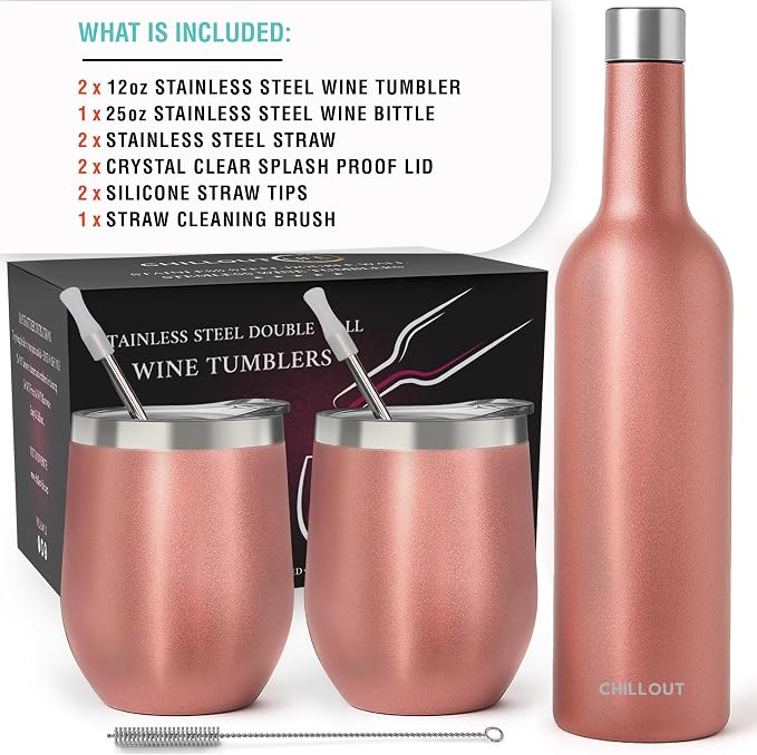 CHILLOUT LIFE 12 oz Stainless Steel Wine Tumblers 2 Pack & 1 Insulated Wine