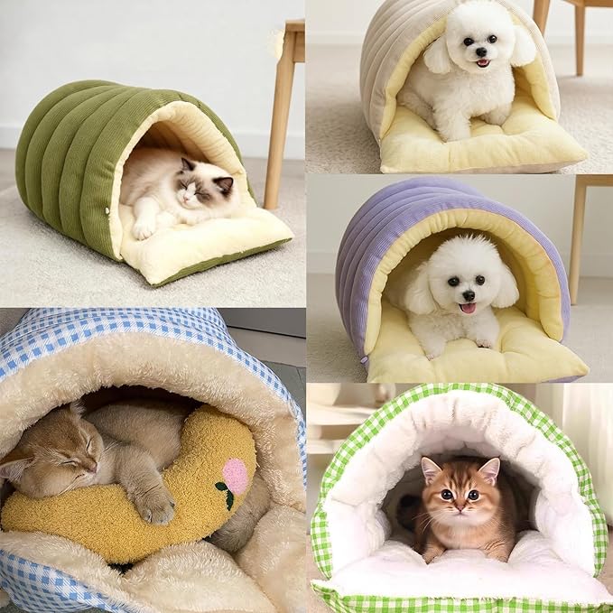 Expectation Cat Bed, Removable and Washable Winter Closed-Off Cat Bed, Soft Fluffy Warm Autumn/Winter Cats House, Washable Non-Slip Pet Sleeping Bag for Indoor Cats Small Dogs (H,Large)