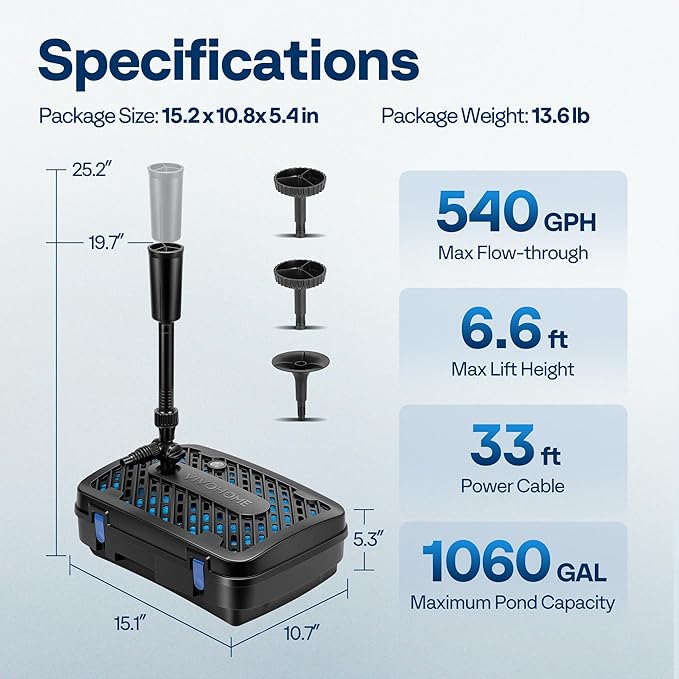 VIVOHOME All-in-One Pond Filter Fountain System Kits, 540 GPH Submersible Water