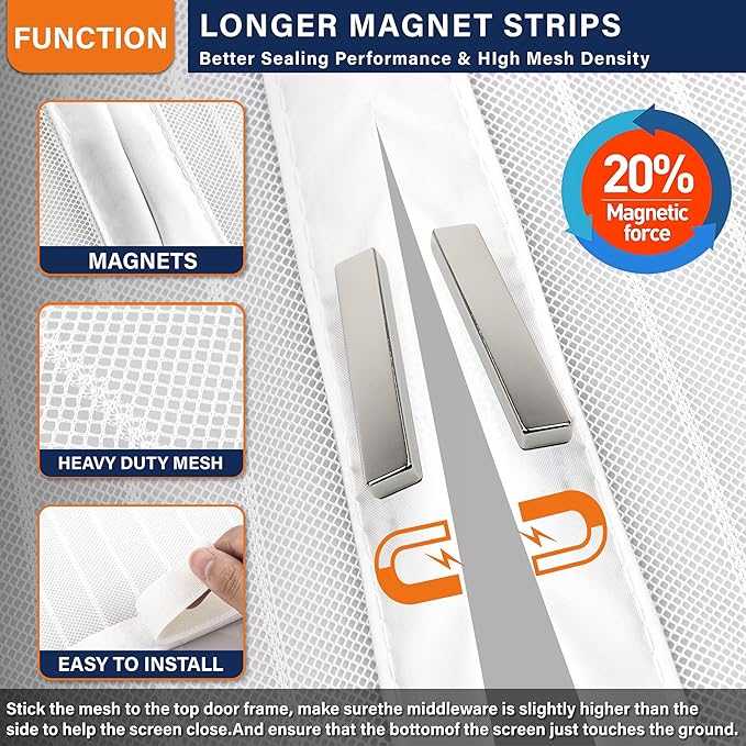 Magnetic Screen Door, Keep Bugs Out, Pet & Kid Friendly,Works with Front Doors, Sliding Doors,Fit Door Size 36 x 78 Inches White