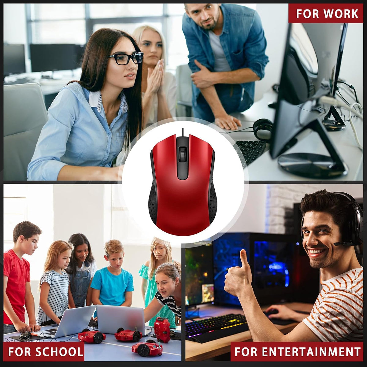 Bonuci 30 Pack Computer USB Wired Mouse Bulk 3 Button 800/1200 DPI Red