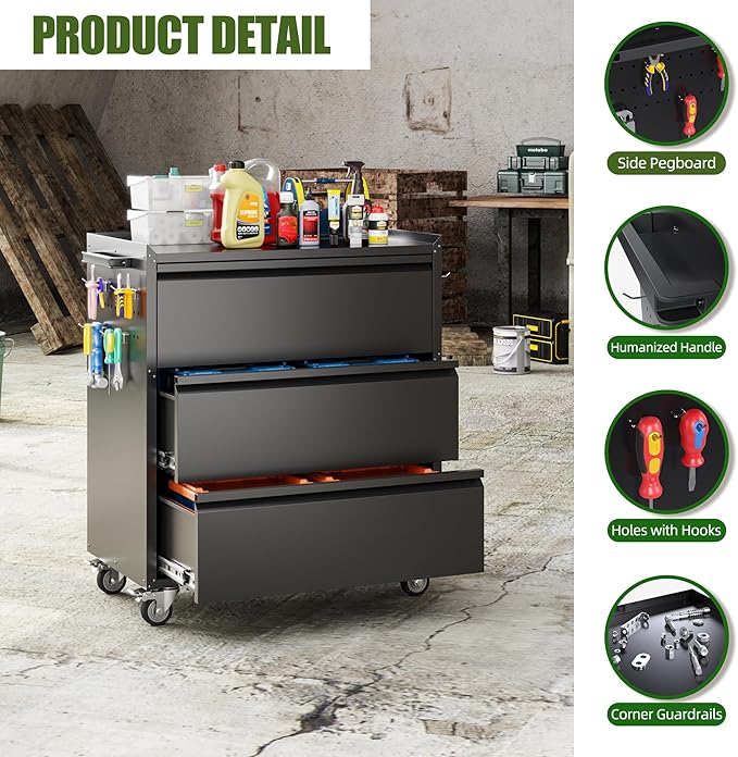 SUXXAN Metal Storage Cabinet with 3 Drawer and 4 Hooks,35.4" H Top Workbench Mobile Tool Chests Garage Cabinets with 4 Wheels,Tool Cabinets for Home,Office,Shop
