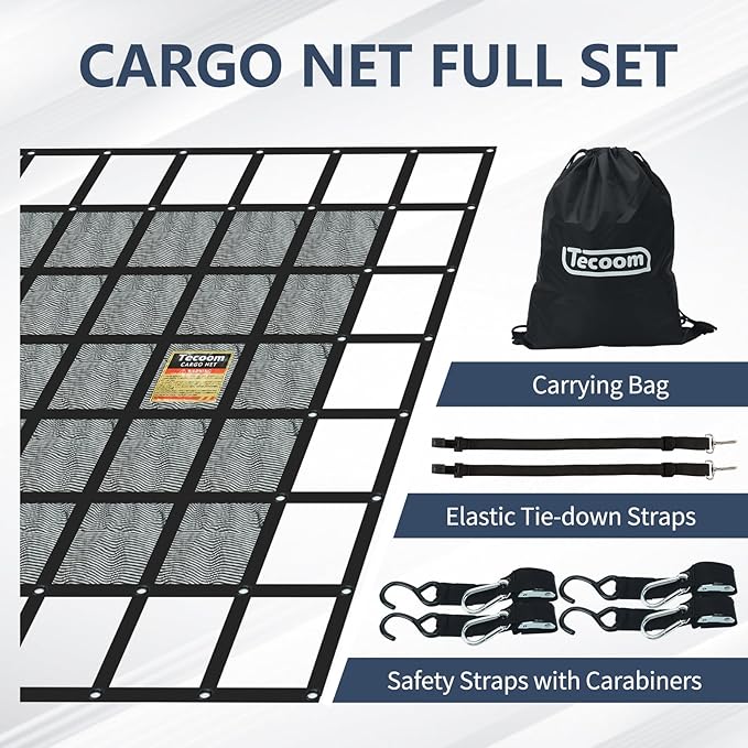 Tecoom Truck Bed Net, Heavy Duty with Mesh - 7.51' x 7.35' Truck Bed Bungee Net Mesh with Capacity 1,500 lbs - Compatible with Trailer, Trucks, Boat, Jeep, Pickup