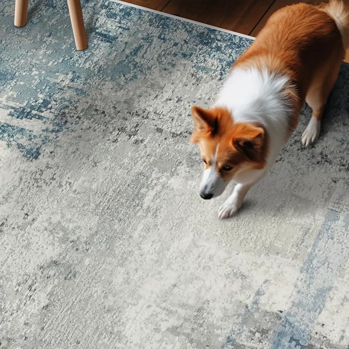Blue Abstract 3x8 Washable Non Slip Hallway Runner Rug | Soft Low Pile Indoor
