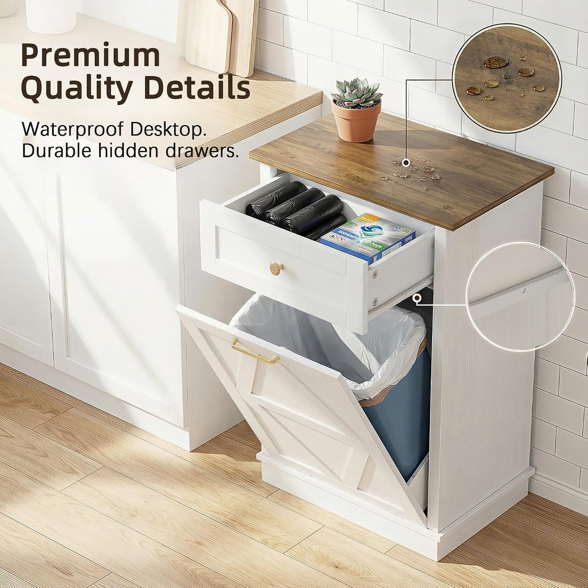 YESHOMY 10 Gallon Tilt Out Trash Cabinet with Drawer, White