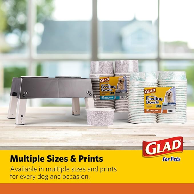 Glad Pets Disposable Small Dog Bowls, Teal Pattern, 1.75 Cup Feeding Size Leakproof and Dishwasher Safe (Pack of 4, 100 Count Total)