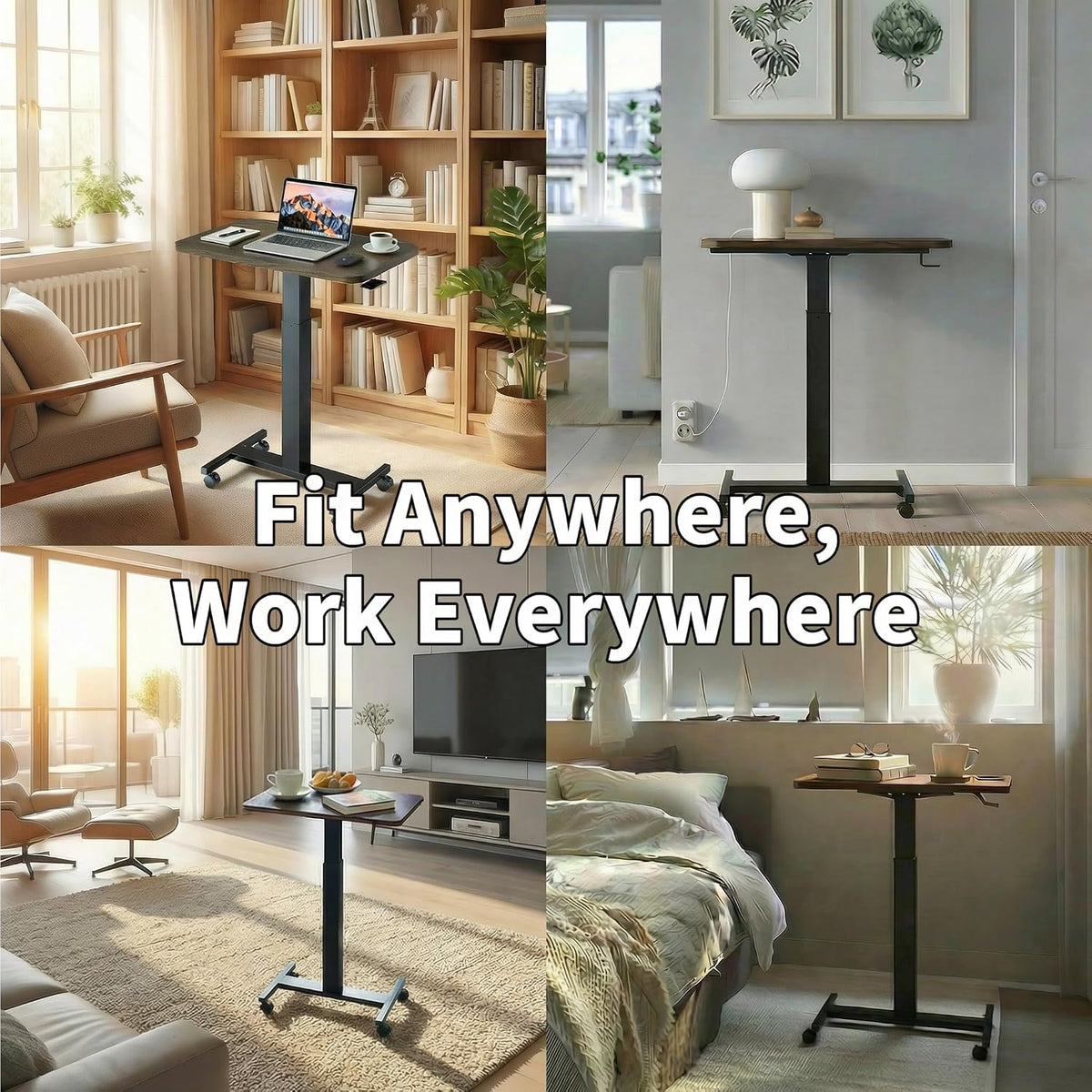 HUANUO Small Rolling Laptop Standing Desk, Height Adjustable Mobile T-Base Desk with Lockable Casters, Portable Sit-Stand Workstation for Bedside & Sofa, Walnut (Pack of 2)