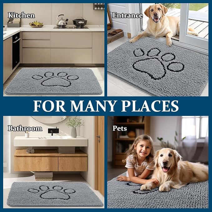 OLANLY Dog Door Mat for Muddy Paws 47x24, Paw Print Design, Absorbs Moisture