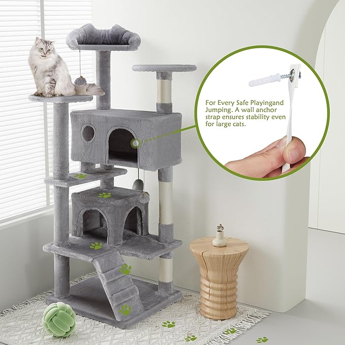 54 Inches Cat Tree Tower Condo Furniture, Cat Tower for Indoor Cats, Cozy Hammock and Sisal Scratching Posts, Multi-Level Durable Cat Scratch Post for Kittens Pet House Play, Detachable Toy, Beige