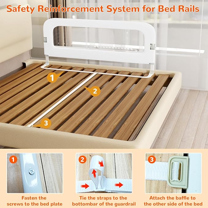 Bed Guard Rail for Toddlers - 32" Adjustable Heights & Folding up Portable Bed Railing for Baby - Toddler Bed Rails Guard for Crib, Twin, Bunk,Full Size, Queen & King Bed(White)
