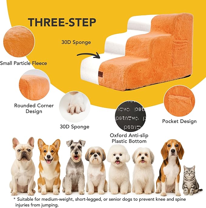 PETNOVO Ultra-Soft Rabbit Fur-Like Dog Stairs for Couch/Bed, Luxury Comfort 3-Step for Small & Senior Dogs, Non-Slip, Removable Washable Cover, Oeko-TEX Certified, 22.4" D x 15.7" W x 15.7" H, Orange