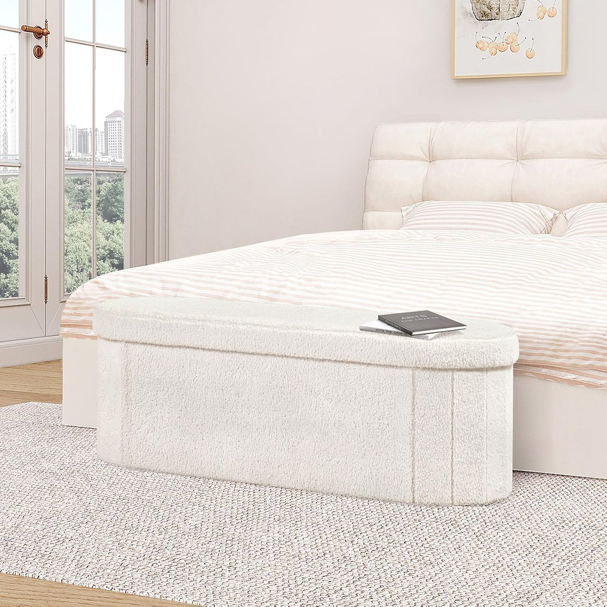 B FSOBEIIALEO 43.3" Sherpa Ottoman with Storage for Living Room,Cream White