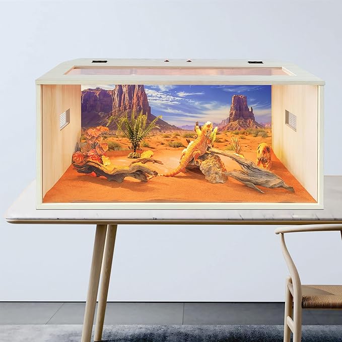 PROLEE Tempered Glass Bearded Dragon Tank,Wooden Reptile Tank and Lizard Tank, Large Bearded Dragon Enclosure with Built-in Lamp Fixture, Snake Tank (Wooden-Topped roof, 32inch,32 Gallons)