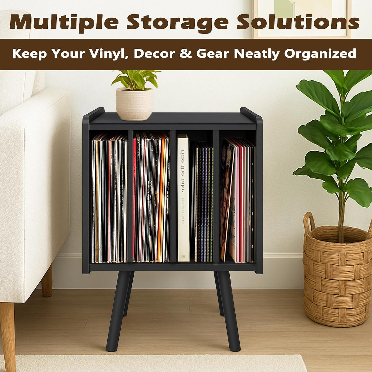 Record Player Stand, Vinyl Record Storage Table with 4 Cabinet, Mid Century Modern Turntable Stand, Organizer Vinyl Table for Bedroom Living Room (Black)