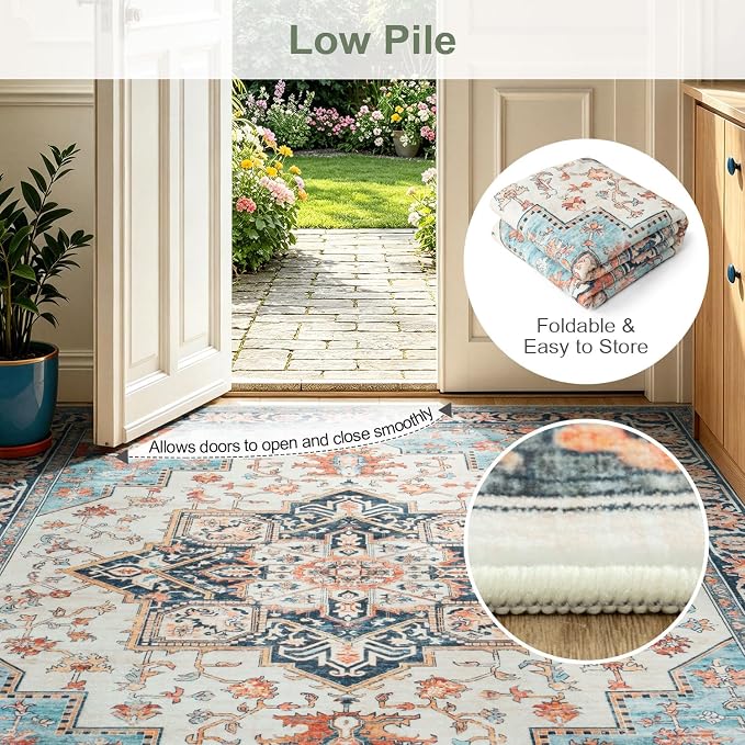 Lofus 8x10 Washable Rugs Non-Slip, Vintage Floral Area Rug