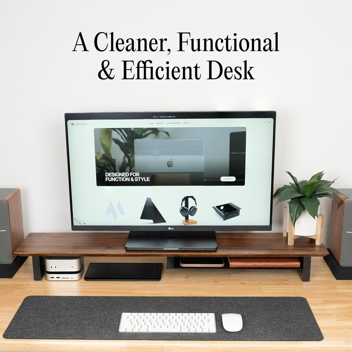 COREMINDED Solid Wood Dual Monitor Stand Riser, 42 Inch Walnut Desk Shelf
