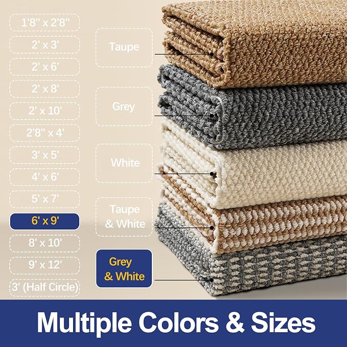 Faux Jute Area Rug 6'x9', Washable & Non-Slip, No Odor. Farmhouse Boho Style