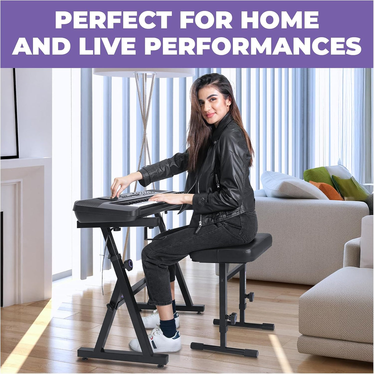 Liquid Stands Piano Keyboard Stand and Bench Set - Portable Heavy Duty Digital Piano Stand for 54-88 Key Electric Pianos & Adjustable Chair, Stool, Seat - Sturdy Keyboard Music Accessories