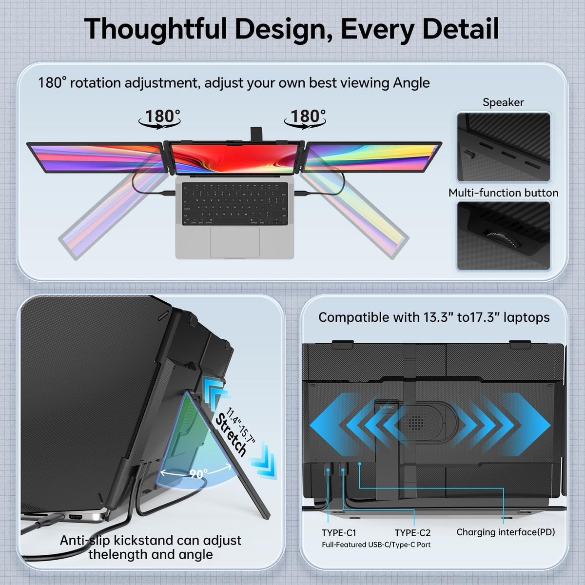 14" Triple Laptop Screen Extender, 1080P Ultra-Slim Portable Monitor