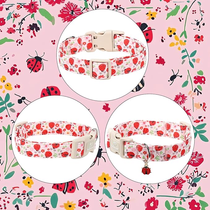 Lucky Ladybug Dog Collar for Giant Large Dogs - Sweet Pink Girl Dog Collars, Lightweight Adjustable Spring Garden Mom Dogs Collars with Quick Release Buckle XL