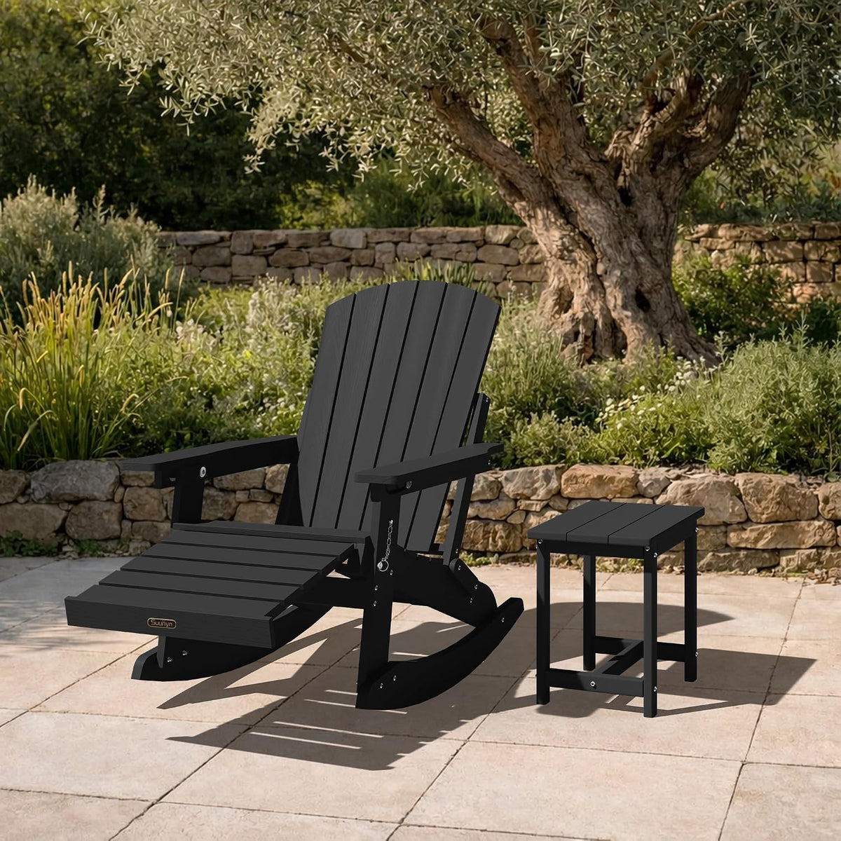 4-in-1 Rocking Adirondack Chair with Footrest, HDPE, Black