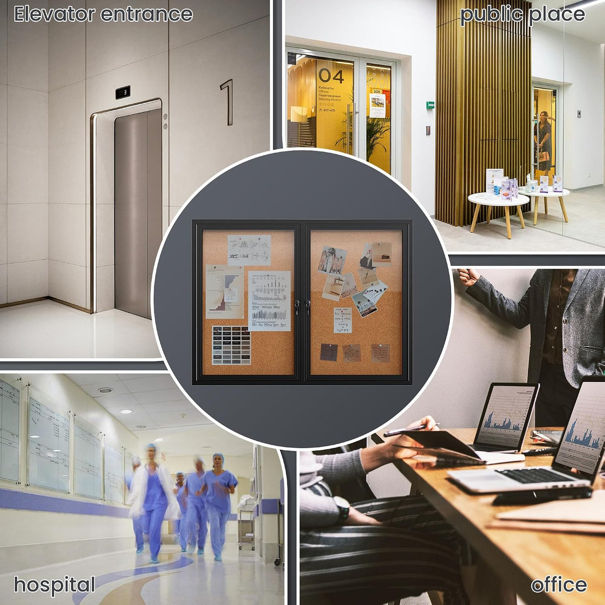 48"x36" Lockable Enclosed Bulletin Board, Outdoor Cork Weather-Resistant Aluminum Frame Notice Board, Wall Mounted Display Case Acrylic Doors for School,Office,Black Frame w/Cork