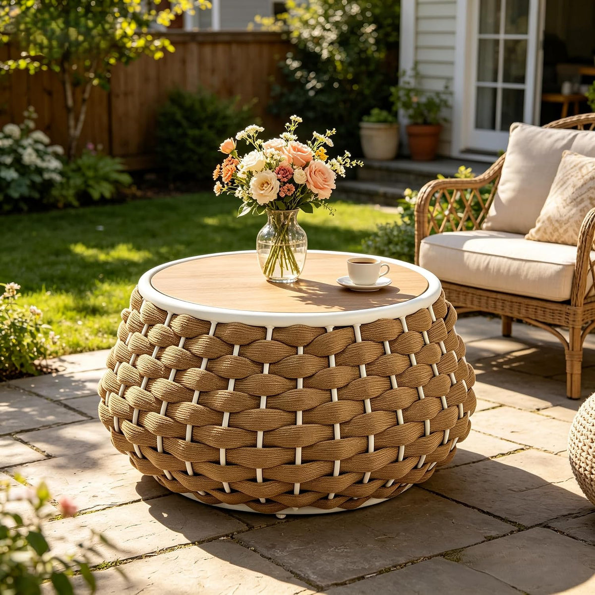 YDcosyfy Large Round Outdoor Side Table, 28 Inches Patio End Table with Removable Wood Top, Outside Coffee Table, All-Weather Metal Frame, Hollow Out Bottom Storage, for Balcony, Porch, Garden, Brown