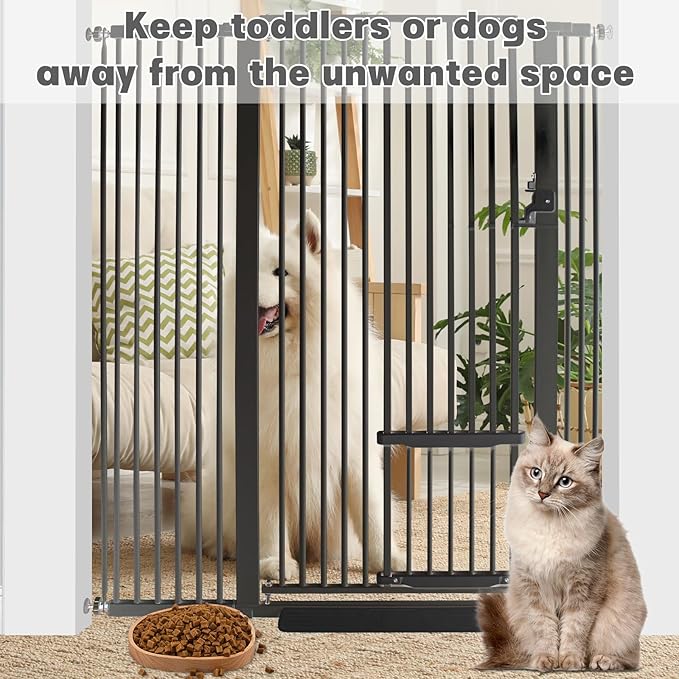 55 Inch Extra Tall Pet Gate with Small Cat Door, 29.55"-40.55" Adjustable Wide Dog Gate, Tall Cats Gates for Doorway, Stairs, House(Black)