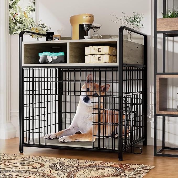 Small Dog Crate Furniture with Drawers Storage, Puppy Dog Kennel Indoor with Double Doors, Heavy Duty Wooden Dog Cage Table, Sturdy Metal, Gray