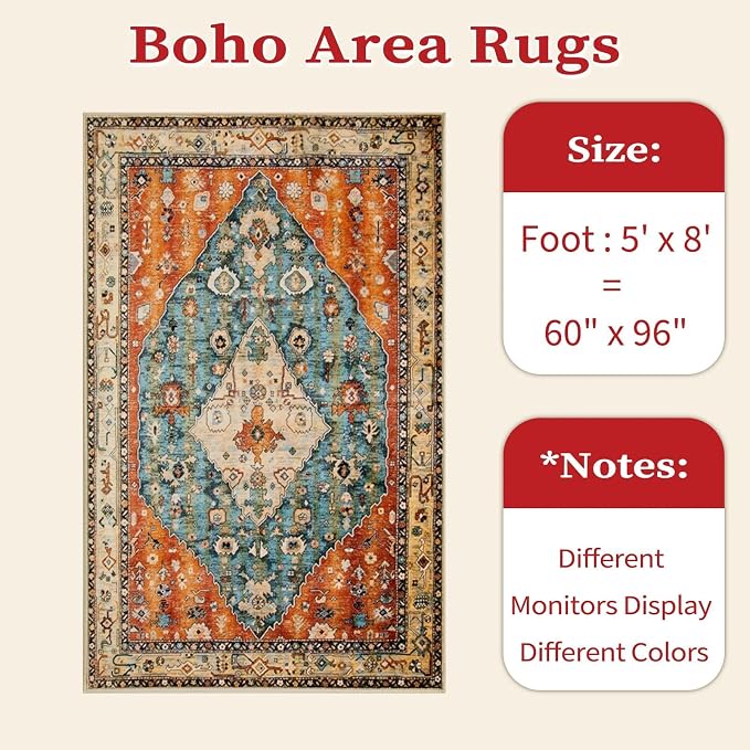 SERISSA 5x8 Area Rugs for Living Room, Large Washable Non-Slip Boho Rug