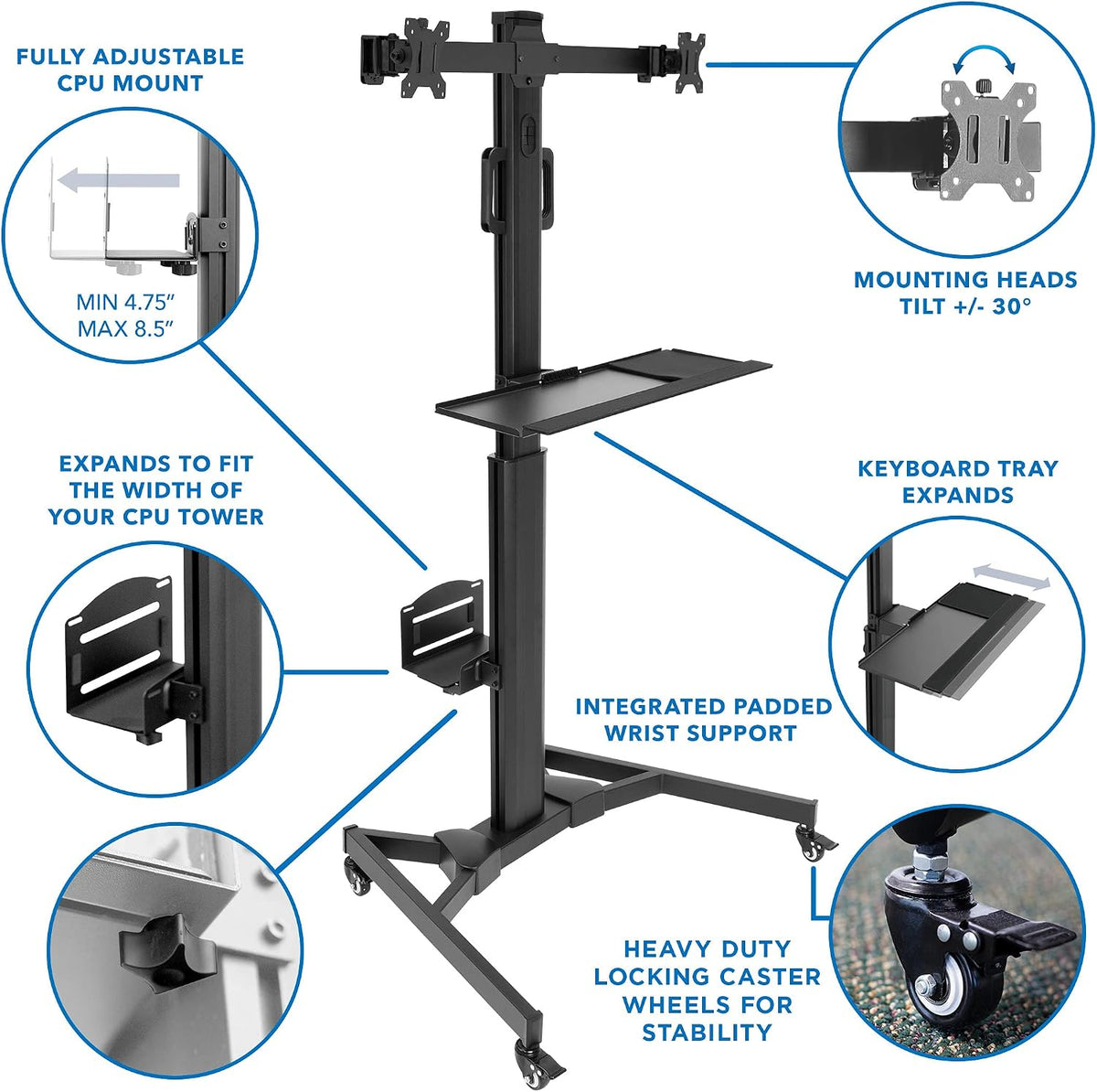 Mount-It! Dual Monitor Computer Cart – Mobile Standing Desk with Wheels, Rolling Workstation with Keyboard Tray, CPU Holder, and Adjustable Screen Mount for Office, Medical, or Warehouse