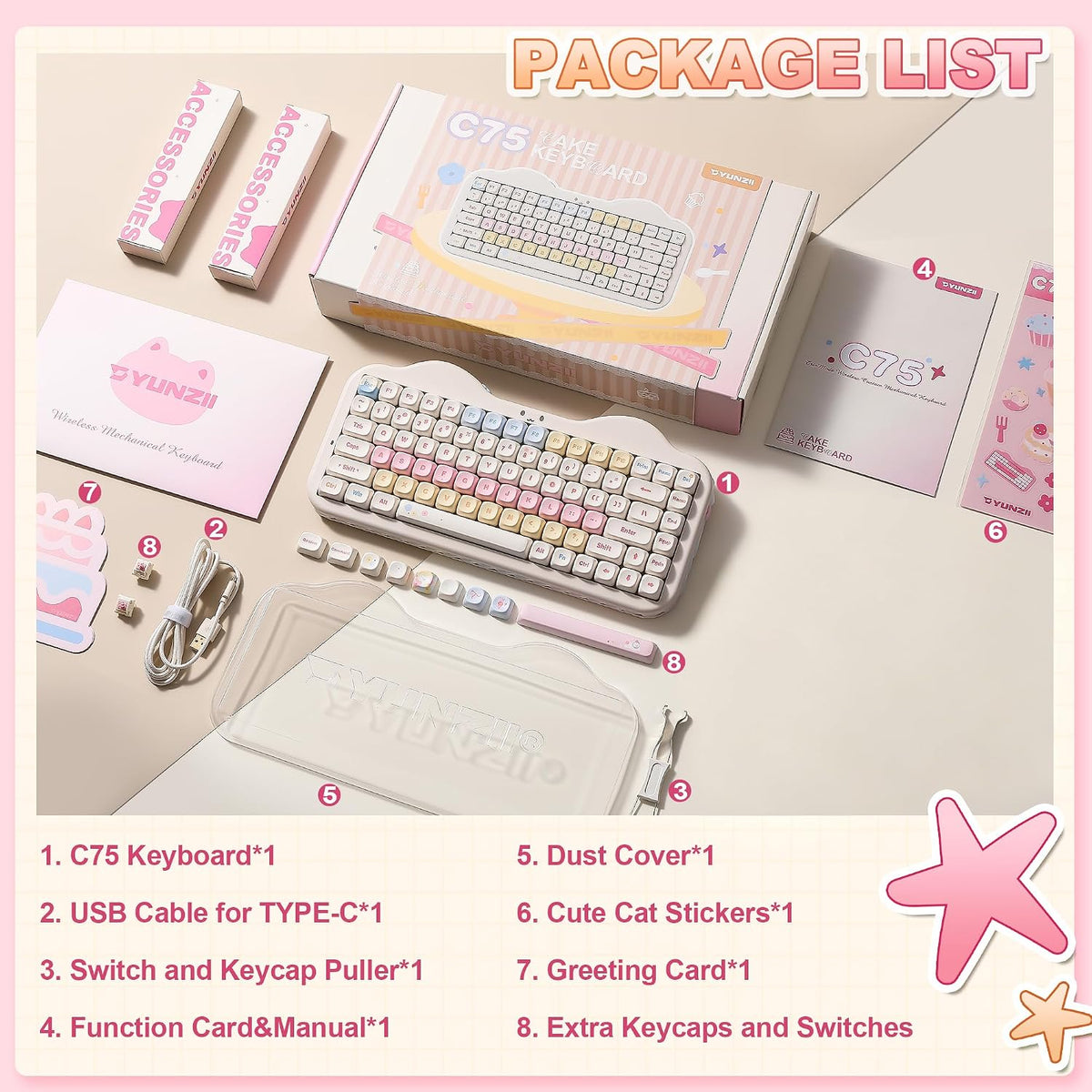 YUNZII C75 Cute 75% Wireless Mechanical Keyboard (Beige, Candy Switch)