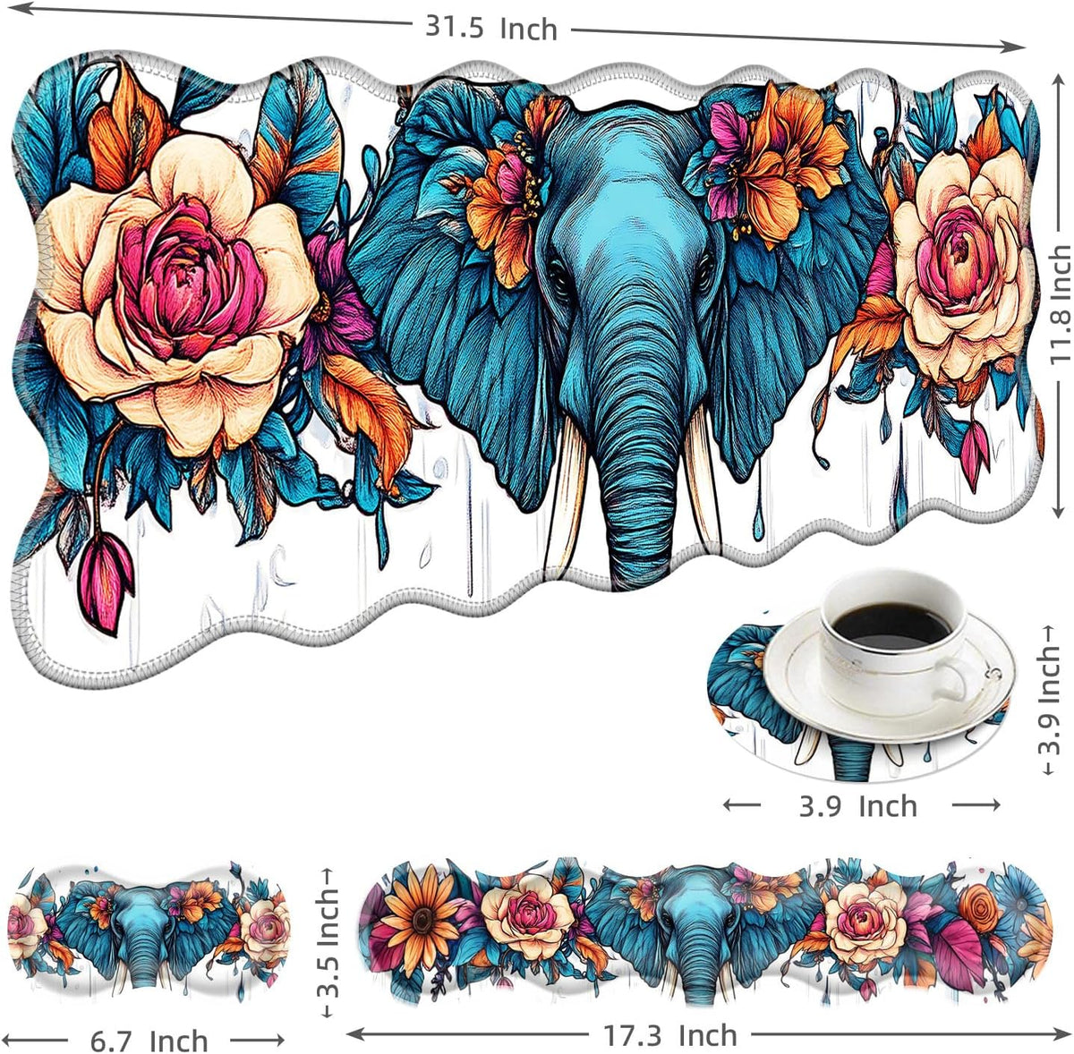 Large Mouse Pad and Keyboard Wrist Rest, Desk Pad for Keyboard and Mouse, 4-in-1 Large Gaming Mouse Pad with Wrist Support, Desk Mat for Home Office Study Game-Floral Elephant