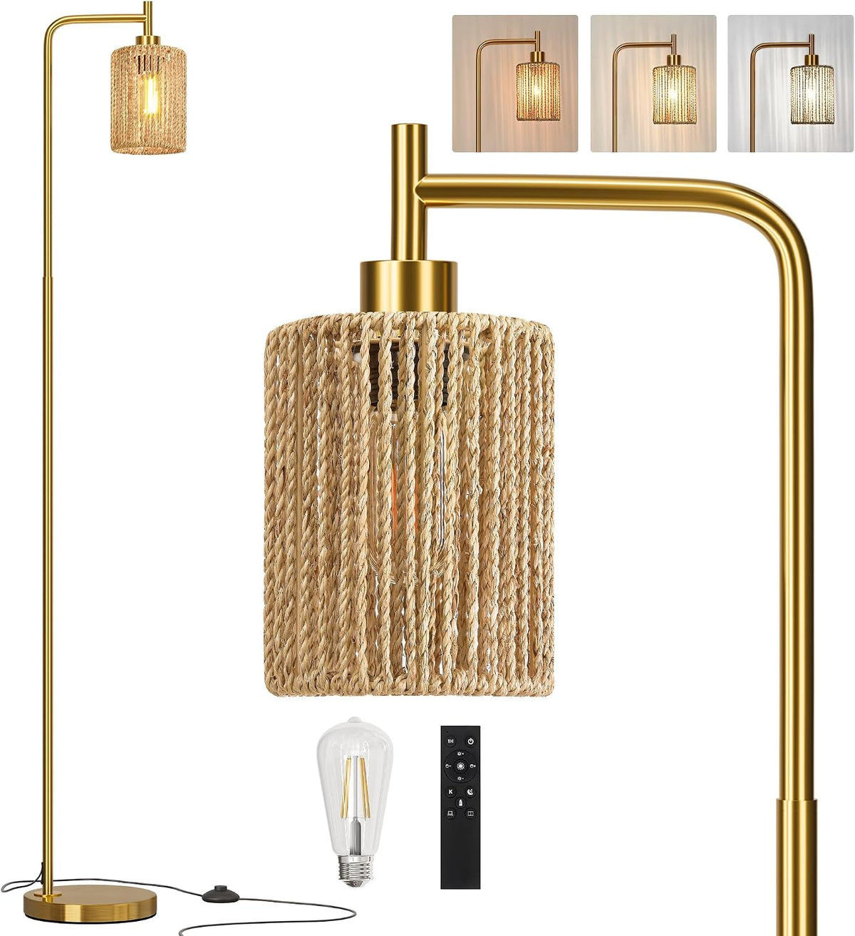 Oneach 66" Gold Floor Lamp for Living Room, Boho Floor Lamp with Remote Control and LED Bulb, Rattan Shade, Industrial Tall Farmhouse Standing Lamp for Bedroom, Dining Room, Study Room, Office