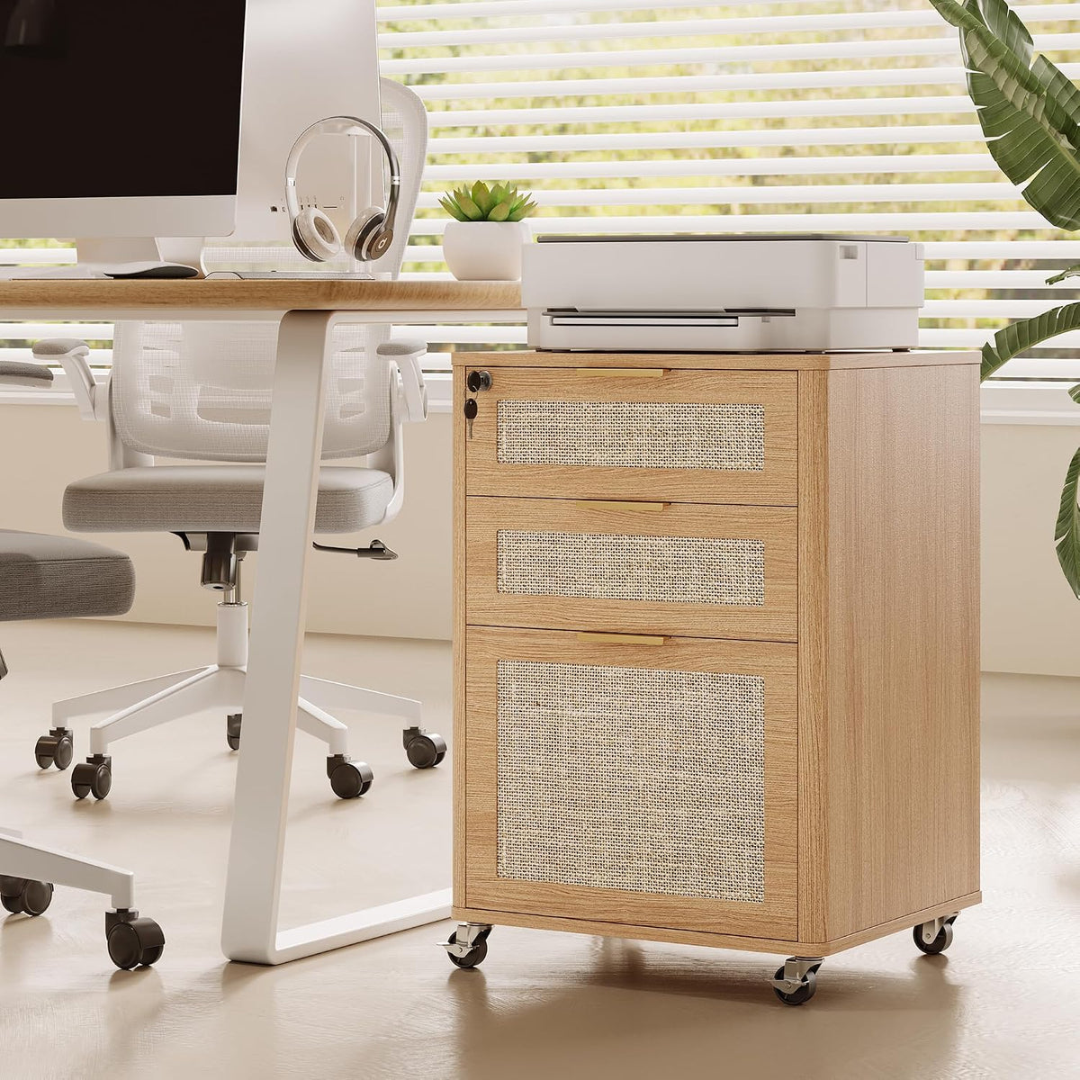INNOD 3 Drawers Rattan Mobile File Cabinet with Lock, Rolling File Cabinet Printer Stand Table, Under Desk Wooden Filing Cabinets for Home Office Essentials Storage Organization Furniture Letters/A4