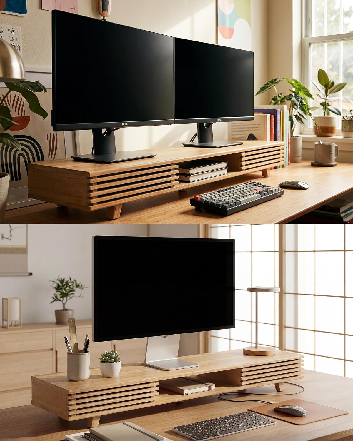 Computer Monitor Stand with Sliding Door,42 Inch,Bamboo