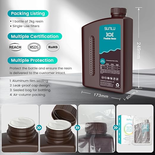 SUNLU Flexible 3D Printer Resin 2KG, 66A 3D Printing Resin