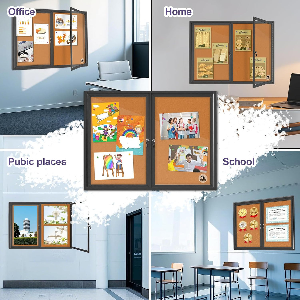 Outdoor Enclosed Bulletin Board Weatherproof Bulletin Board with Locking Door, 44x32 in Wall-Mounted Message Board for Notices & Announcements