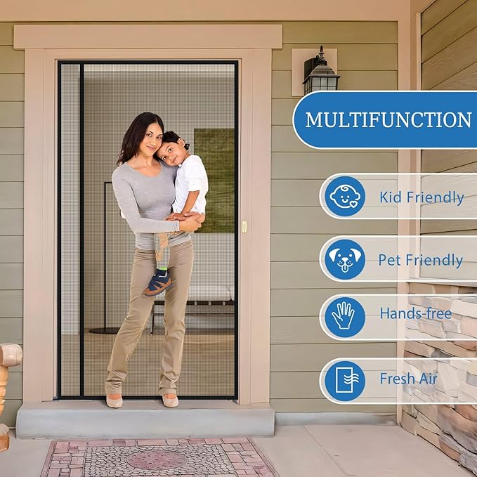 Magnetic Screen Door Mesh Left Right Side Opening Upgraded PET Material Mesh Stronger Than Fiberglass and Polyester,Keep Bugs Out,Pet & Kid Friendly Fit Door Size 80"X96",Screen Size 82''X98''